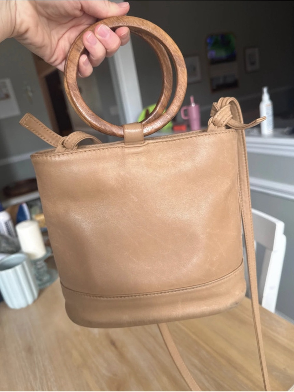 Payton James Leather Bucket Bag with Wooden Ring Handles